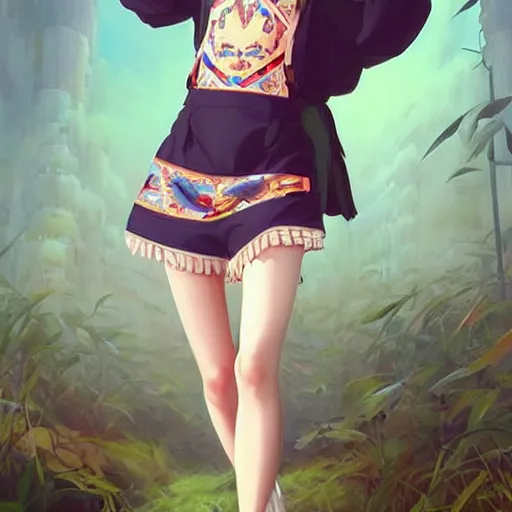 Image similar to a beautiful young japanese natalie portman alluring gravure model, wearing elegant designer overalls, elegant overalls with mesoamerican patterns, mesoamerican native street fashion, princess mononoke, by and wlop and ilya kuvshinov and artgerm and, aesthetic, gorgeous, stunning, alluring, attractive, artstation, pinterest, digital art