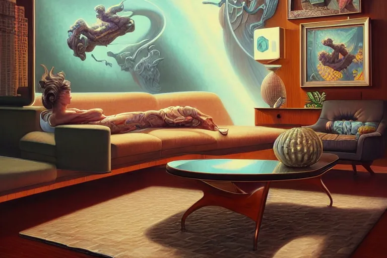 Prompt: detailed coffee table in the vaporwave mid century modern livingroom. highly detailed, digital painting, artstation, concept art, smooth, sharp focus, illustration, artgerm, tomasz alen kopera, peter mohrbacher, donato giancola, joseph christian leyendecker, wlop, boris vallejo