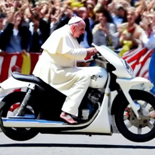 Prompt: pope francis doing a wheelie on a motorcycle with one hand and behind him muhammad