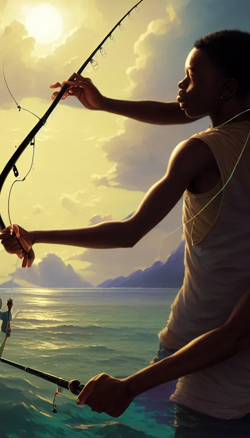 Image similar to highly detailed portrait of a young modern jamaican man fishing with a magical glowing fishing rod weapon, ocean background, unreal engine, fantasy art by greg rutkowski, loish, rhads, makoto shinkai and lois van baarle, ilya kuvshinov, rossdraws, tom bagshaw, global illumination, radiant light, detailed and intricate environment