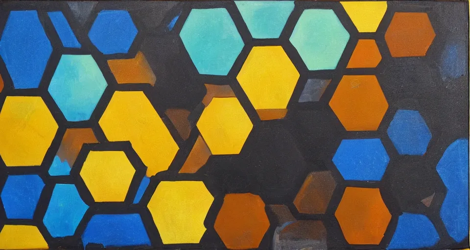 Image similar to shield made from hexagons, in space, the sun and earth, art deco painting