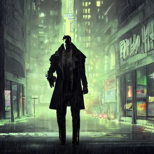 Image similar to frankenstein's monster wearing a trench coat on a wet nighttime street, cyberpunk, synthwave, trending on art station, trending on deviantart, 8 k resolution, epic digital art