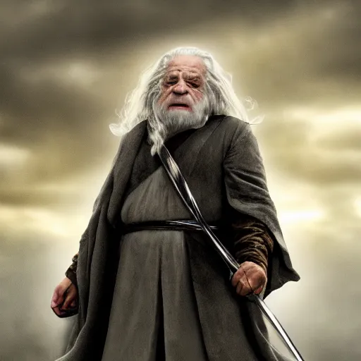 Image similar to danny devito as gandalf the white, lord of the rings movie, full body, hyper realist, high quality, wide angle, illustration, digital art