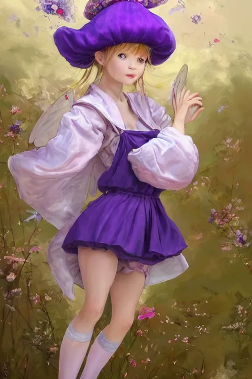 Image similar to Full View fairy maiden with short blond hair wearing an oversized purple Beret, Baggy Purple overall shorts, Short Puffy pants made of silk, silk shoes, a big billowy scarf, Golden Ribbon, and white leggings Covered in stars. covered in embroidery. Short Hair. peasant magic. masterpiece 4k digital illustration by Ruan Jia and Mandy Jurgens and Artgerm and william-adolphe bouguereau, award winning, Artstation, art nouveau aesthetic, Alphonse Mucha background, intricate details, realistic, panoramic view, Hyperdetailed, 8k resolution, intricate art nouveau