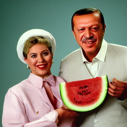 Image similar to recep tayyip erdogan smiling holding watermelon for a 1 9 9 0 s sitcom tv show, studio photograph, hd, studio