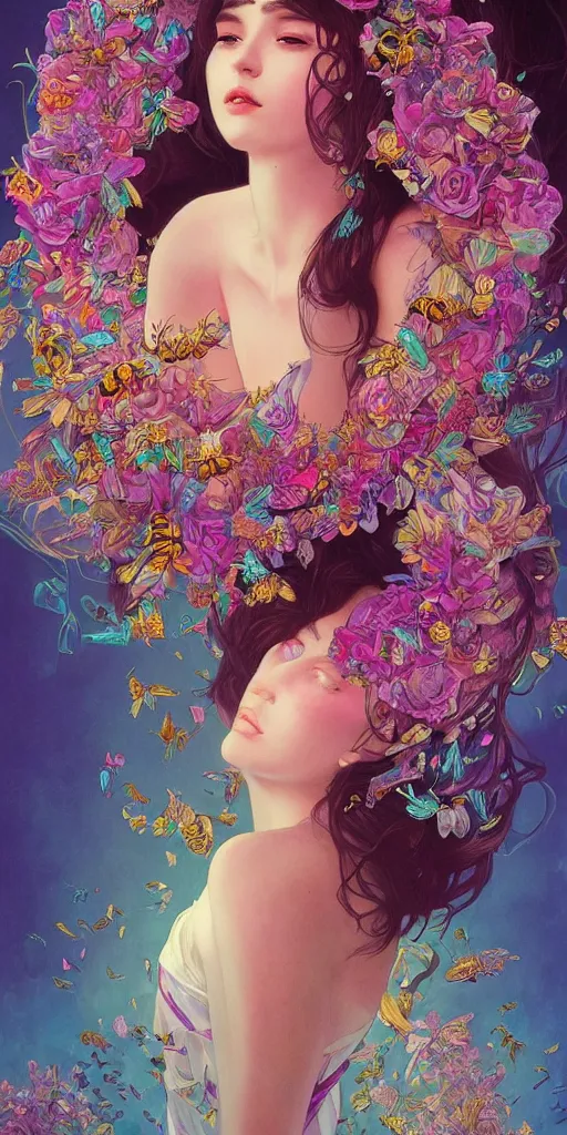 Prompt: beautiful, young woman, sad eyes, tears running down, vaporwave aesthetic, synthwave, colorful, psychedelic, long gown, ornate, intricate, flowers, butterflies, bees, ribbons, digital painting, artstation, concept art, smooth, sharp focus, illustration, art by artgerm and greg rutkowski and alphonse mucha