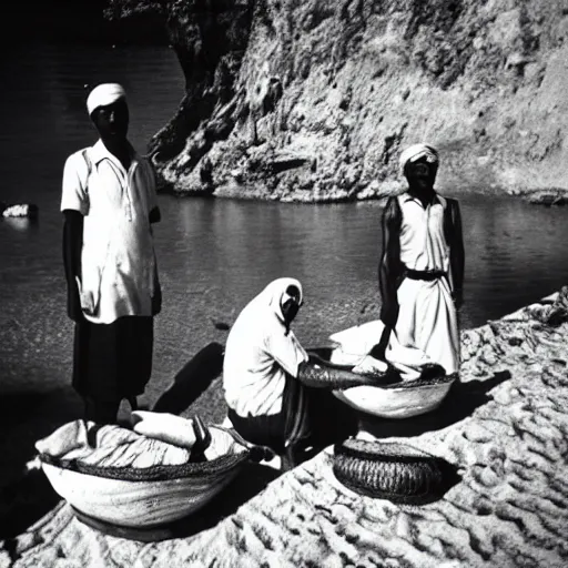 Prompt: pearl divers in the Arab Emirates in the early 20th century, black and white old photo, Kodak, 35mm,