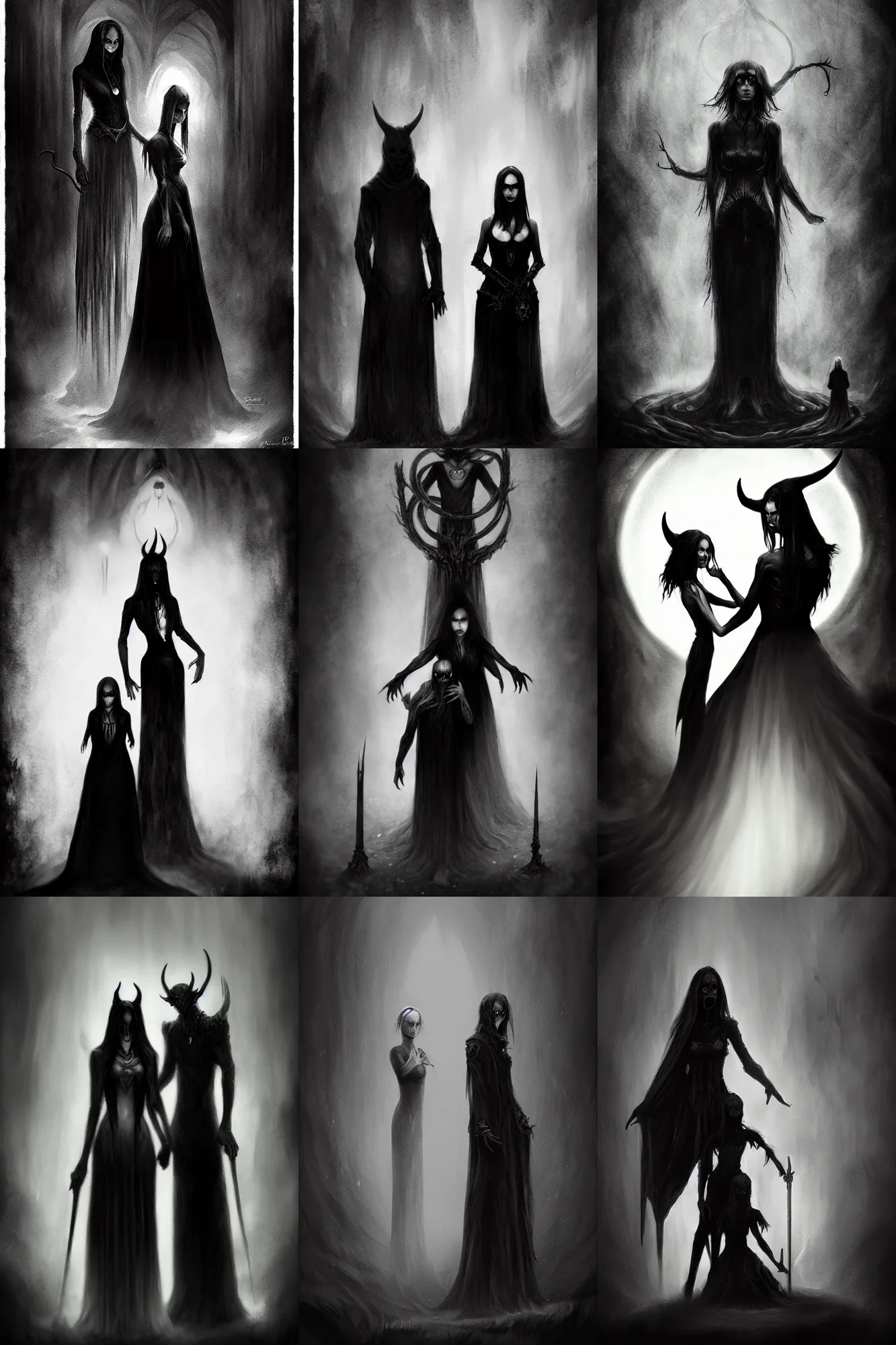 Prompt: a black and white photo of a demon standing behind a woman, concept art by Þórarinn B. Þorláksson and Anato Finnstark, deviantart, gothic art, hellish, wiccan, macabre, demonic photograph