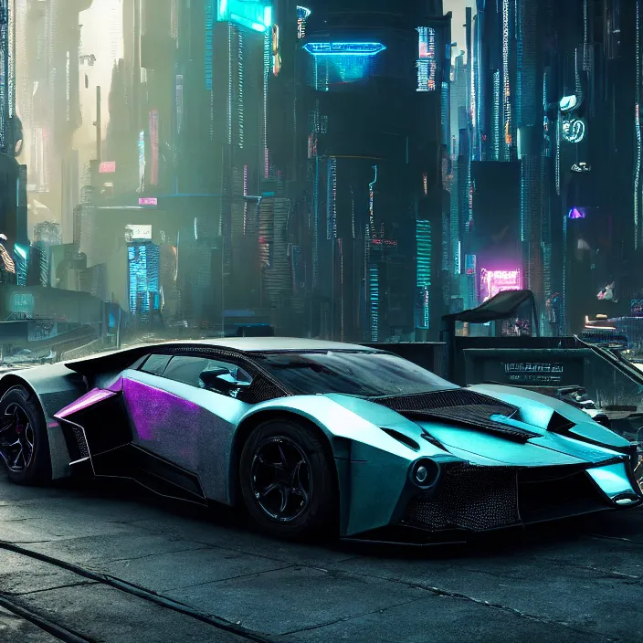 Image similar to cyberpunk car lamborgini counatch, in cyberpunk city, by blade runner, by neill blomkamp, eztreamly detailed, photorealism, photography, raytracing, 8 k, octane render, volumetric, vivid, beautiful, hyperrealism