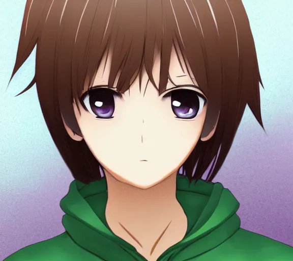 Image similar to close up character portrait of an anime character with brown hair and green eyes wearing a hoody, digital art