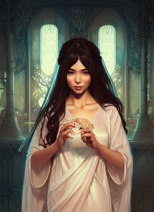 Image similar to cute brown woman wearing a transparent night gown and hanfu face veil, fantasy, intricate, highly detailed, digital painting, artstation, concept art, wallpaper, smooth, sharp focus, illustration, art by artgerm and greg rutkowski and alphonse mucha