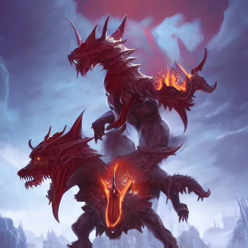 Prompt: hell cerberus, hell background, epic fantasy style, in the style of Greg Rutkowski, hearthstone artwork