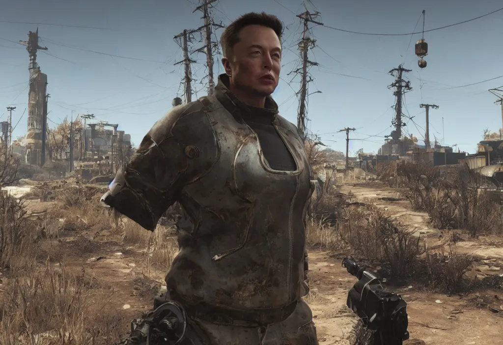 Image similar to elon musk in the video game in fallout 4, apocalyptic wastland, close up, 3 d rendering. unreal engine. amazing likeness. very detailed.