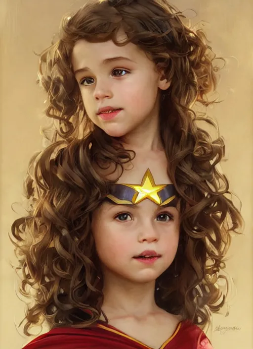 Image similar to a little girl with a mischievous face and light brown curly wavy hair. she is dressed as captain america, batman, the flash, captain marvel, wonder woman, a superhero. clean elegant painting, beautiful detailed face. by artgerm and greg rutkowski and alphonse mucha