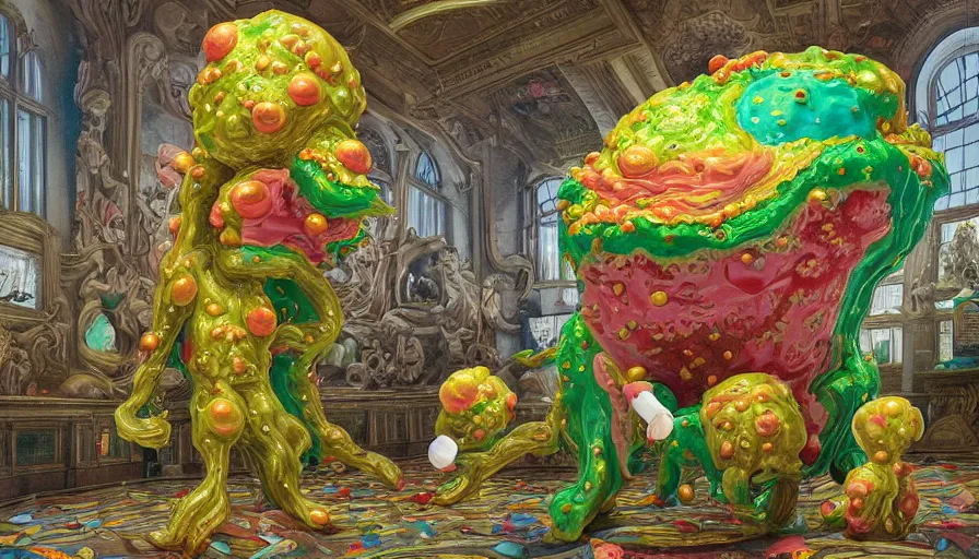 Image similar to the absolute worst, most grotesque and awful slime mold monster made of gelatinous fleshy blobs, in the style of okuda san miguel and katamari damacy. the monster is in an ornately gilded rococo art museum gallery designed by frank lloyd wright and donatello