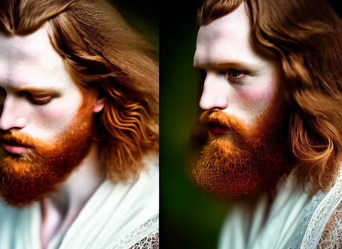 Image similar to portrait photography of a beautiful man how pre-Raphaelites beauty type in style of Nicolas False, britt marling style 3/4 , he has a short beard, ginger hair, beautiful ethereal lace white robes, 8K, soft light, volumetric lighting, highly detailed Realistic, Refined, Highly Detailed, natural outdoor soft pastel lighting colors scheme, outdoor fine art photography