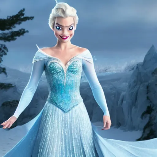 Image similar to Margot Robbie as Elsa in disney frozen live action, 8k full HD photo, cinematic lighting, anatomically correct, oscar award winning, action filled, correct eye placement,