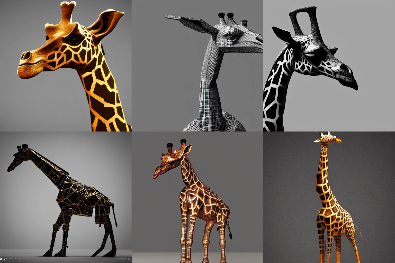 Prompt: a giraffe made of scrap metal, cyberpunk, 3d render, photorealistic, studio lighting