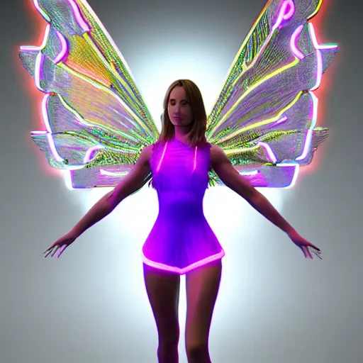 Prompt: neon fluorescent, iridescent young stacy keibler wearing skimpy outfit with fairy wings cyperpunk 2 0 7 7, unreal engine 5, 8 k ultra realistic, hyperdetailed, volumetric lighting, extremely high quality
