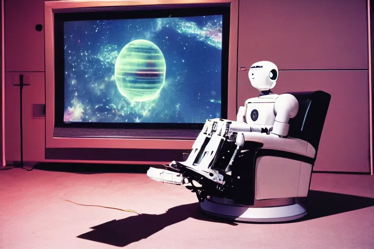 Prompt: robot sitting in a galaxy recliner, from 1986, bathed in the glow of a crt television, tv screens in background, low-light photograph, in style of terry richardson