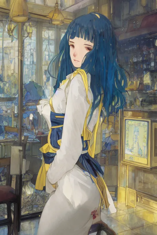 Prompt: a girl in a maid's outfit in a cafe a night, raining outside the cafe, wavy white long hair, blue theme and eye - catching yellow assents, s line, 4 5 angel by krenz cushart and mucha and akihito yoshida and greg rutkowski and makoto shinkai, 4 k resolution