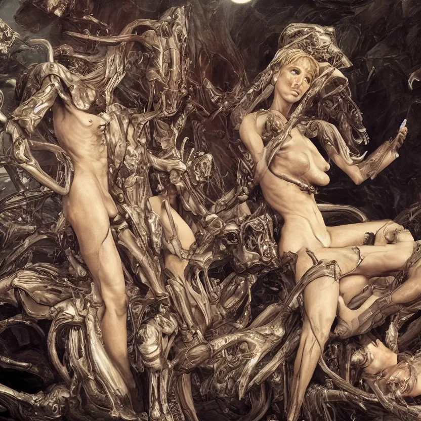 Image similar to still frame from Prometheus movie, Slaanesh succubus godess on a live bone throne by wayne barlowe by caravaggio by giger by malczewski, avantgarde 4k wallpaper