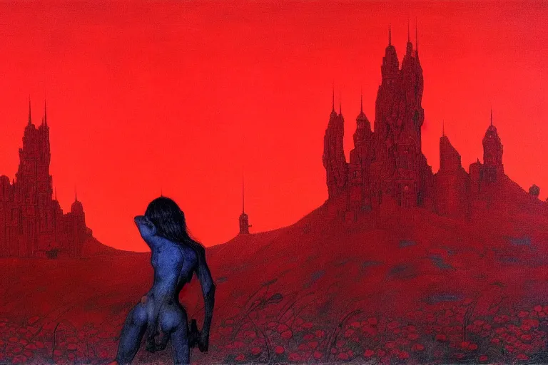 Image similar to only with red, red flowers of different types, red castle in background, red medieval big goblins, in the style of beksinski, parts by edward hopper, parts by rodcenko, parts by yue minjun, intricate and epic composition, red by caravaggio, insanely quality, highly detailed, masterpiece, red light, artstation, 4 k