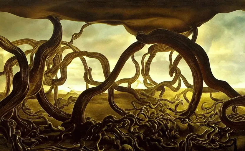 Image similar to strange hyper real disturbing tendril surrealistic landscape with very small strange figures in the distance with large looming shiny biomorphic skinny figures looming inthe foreground, cast shadows, chiaroscuro, painted by dali and rachel ruysch, timeless disturbing masterpiece