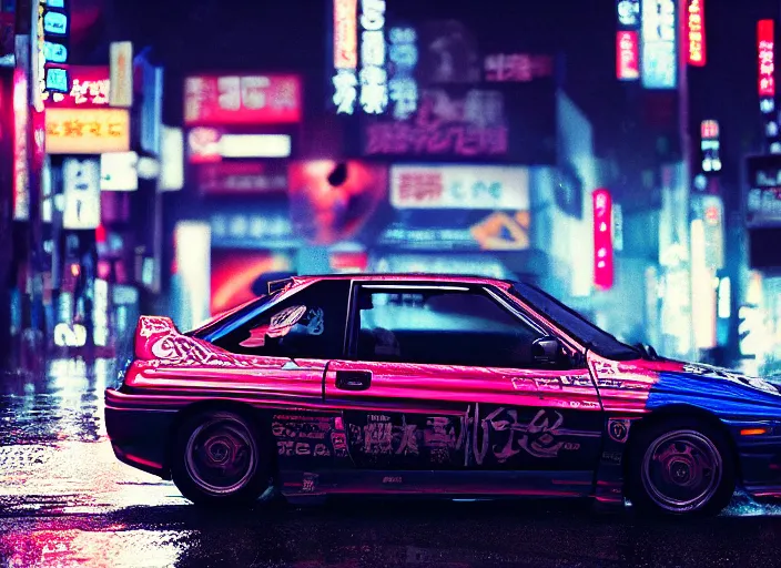 Prompt: close up macro shot of a ae 8 6 car on wet tokyo street at night, intricate, hyper detailed, smooth, high contrast, neon, volumetric lighting, octane, moebius, greg rutkowski, blade runner, ridley scott, cinematic