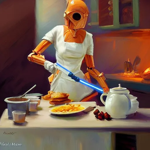 Image similar to Star wars battle droid making breakfast, painting by Vladimir Volegov