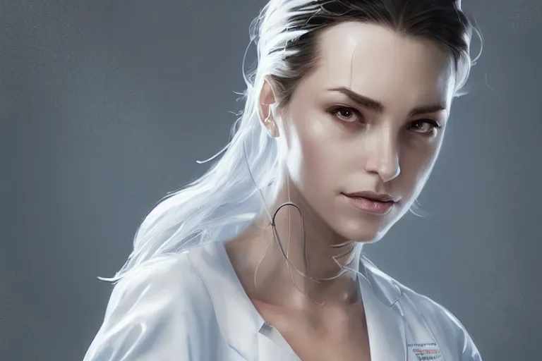 Prompt: a poster of emergency room, an elegant and beautiful female doctor in a white coat, cinematic, highly detailed, digital painting, artstation, concept art, matte, sharp focus, illustration, industrial light, art by artgerm and greg rutkowski