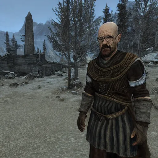 Prompt: walter white visits whiterun skyrim, dark brotherhood, highly detailed, realistic, business suit, nord, elder scrolls, adventuring gear