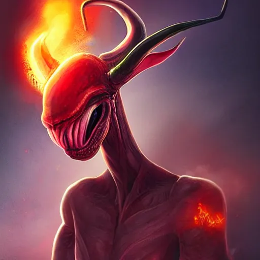 Image similar to realistic alien with horns. red eyes, human eyes, background flames, by ross tran