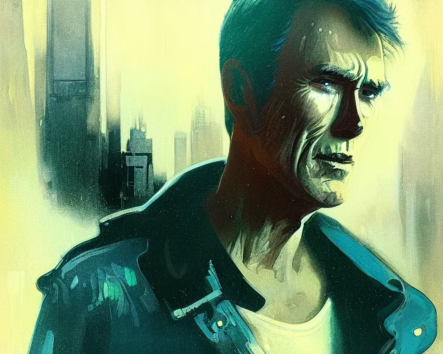 Image similar to 2 0 1 8 blade runner movie young man very young clint eastwood in his youth look at the cityscape from roof perfect face fine realistic face pretty face reflective polymer suit tight neon puffy jacket blue futuristic sci - fi elegant by denis villeneuve tom anders zorn hans dragan bibin thoma greg rutkowski ismail inceoglu illustrated sand storm alphonse mucha