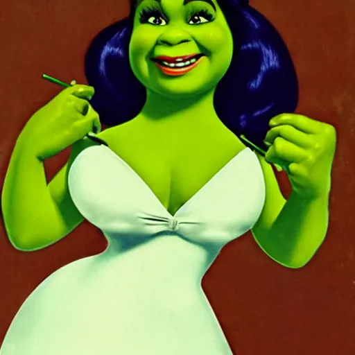 Prompt: Shrek as a Pinup girl from the 1960s, commercial