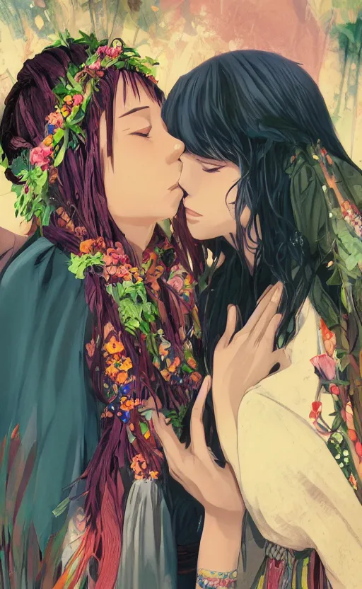 Image similar to bestselling movie poster, official media,a cinematic beautiful closeup moment of lovers saying goodbye wearing boho poncho and sunhat with hyacinths, full body portrait and simple form, brutal shapes, shaman, pixiv, 1970s fashion, official anime media, cinematic lighting, artstation consept artwork by doja cat, charlie bowater, waterhouse, ,greg rutkowski, wong kar wai