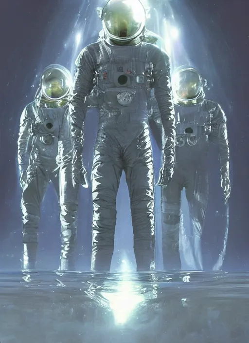 Prompt: astronauts in the dark infinite underwater void - complex and hyperdetailed technical suit. reflection and dispersion materials. contour lighting. rays and dispersion of light. volumetric light. 5 0 mm, f / 3 2. noise film photo. flash photography. ultra realistic, wide angle. poster by wayne barlowe, hajime sorayama aaron horkey, craig mullins