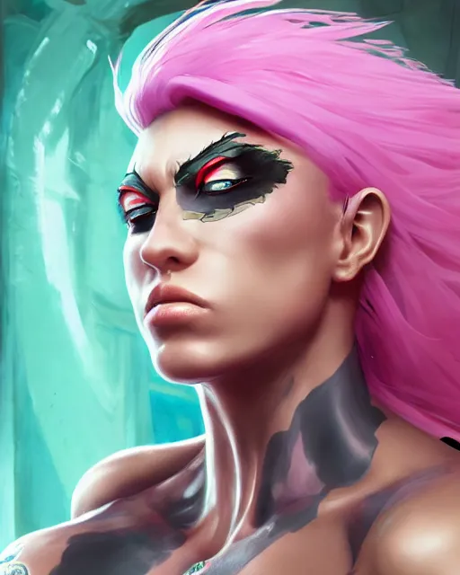 Image similar to portrait of poison from street fighter, au naturel, hyper detailed, digital art, trending in artstation, cinematic lighting, studio quality, smooth render, unreal engine 5 rendered, octane rendered, art style by klimt and nixeu and ian sprigger and wlop and krenz cushart.