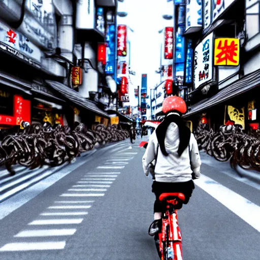 Image similar to a digital painting of a real dragon is riding a bike in the streets of Tokyo