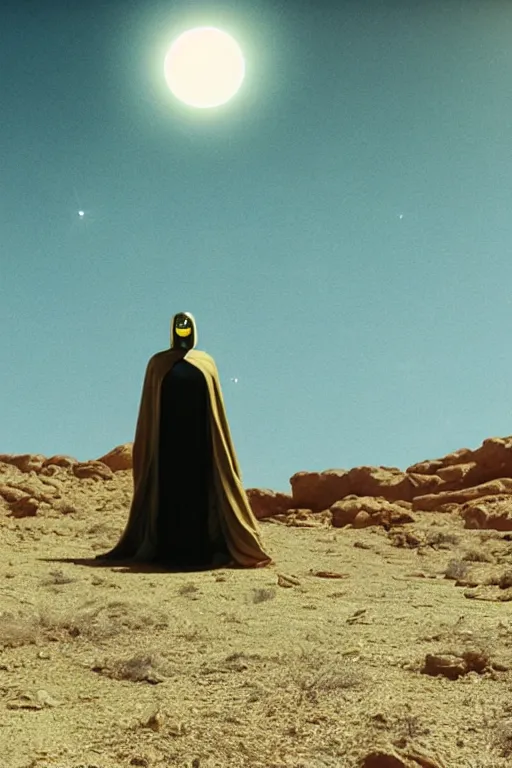 Prompt: levitating bene gesserit with full - face golden mask and glowing eyes in a dry rocky desert landscape, visible sky and sunny atmosphere, fata morgana giant mirrors, black star in the sky by alejandro jodorowsky and christopher doyle, anamorphic lens flares, kodakchrome, cinematic composition, practical effects, 8 k,