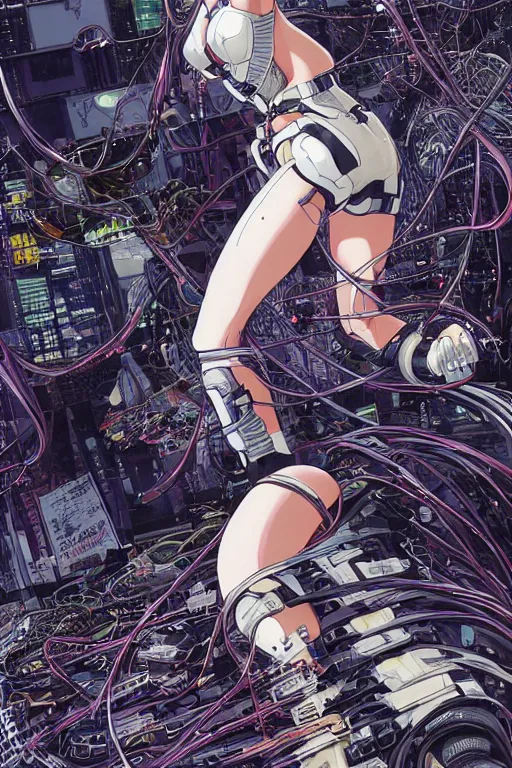 Image similar to hyper coherent motoko kusanagi kneeling on a white in style of masamune shirow, empty floor, with a mess of wires and cables coming out of her head and backside, by Yukito Kishiro and katsuhiro otomo, illustration, cyberpunk, hyper-detailed, colorful, complex, intricate, masterpiece, epic