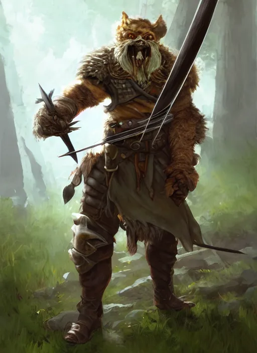 Image similar to photorealistic bugbear ranger holding sword on fire, magic, black beard, dungeons and dragons, pathfinder, roleplaying game art, hunters gear, jeweled ornate leather and steel armour, concept art, character design on white background, by sargent, norman rockwell, makoto shinkai, kim jung giu, artstation trending, poster art, colours red