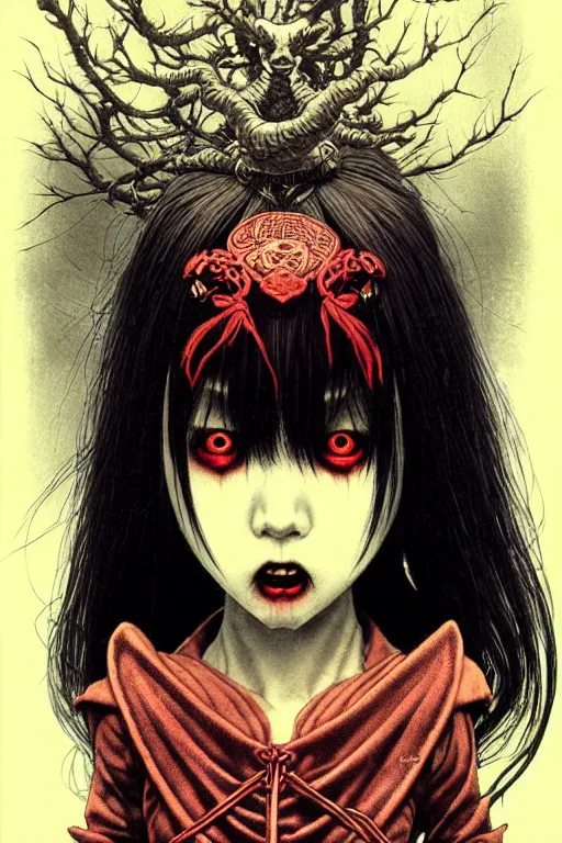 Prompt: japanese vampire girl, character portrait, portrait, close up, concept art, intricate details, highly detailed, eyes, yokai, blood, fangs, soft light, vintage sci - fi poster, in the style of chris foss, rodger dean, moebius, michael whelan, and gustave dore