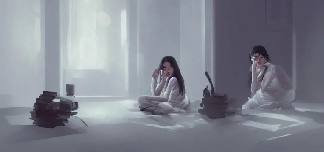 Image similar to Young Himalayan woman sitting concerned in an empty room with loneliness using psychic powers to make a lighter float| night time scene, plain walls |somber white eyes, long ashy hair | gentle lighting, futuristic, dim lighting, digital art by Makoto Shinkai ilya kuvshinov and Wojtek Fus, digital art, concept art,