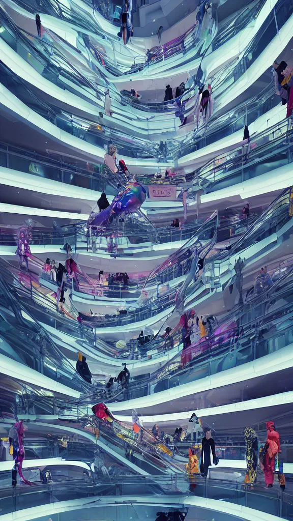 Image similar to interior of pristine intergalactic spaceship, department shopping mall, complex escalator system, futuristic glowing temple with fashion mannequins display, at night and cluster of shopping customers, by makoto shinkai, moebius!, oliver vernon, joseph moncada, damon soule, manabu ikeda, kyle hotz, dan mumford, by kilian eng