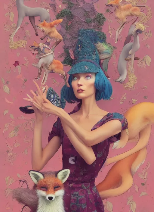 Image similar to pretty model with foxes : : by martine johanna and simon stalenhag and chie yoshii and casey weldon and wlop : : ornate, dynamic, particulate, rich colors, intricate, elegant, highly detailed, vogue, harper's bazaar art, fashion magazine, smooth, sharp focus, 8 k, octane render,