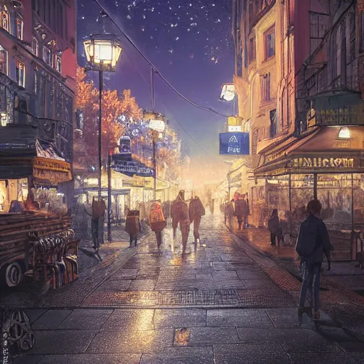 Prompt: ultra realistic illustration and highly detailed digital render of a intricate busy street inside helsinki, finland, 2 0 2 2, by greg rutkowski and makoto shinkai, nighttime, dark sky, twinkly stars, amazing sky, migrating birds in the sky, colorful street lamps along road, natural stone road, asian style vendorsf