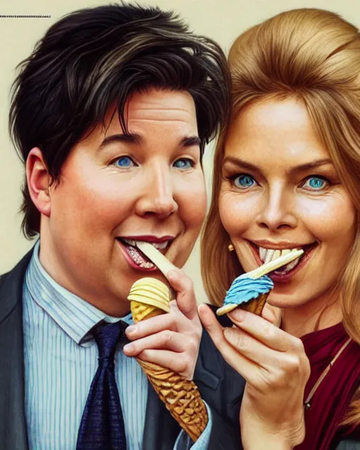 Image similar to Portrait of Michael Mcintyre & a blonde Barbara Bach from the bond film eating ice creams in Porto,real life skin, intricate, elegant, highly detailed, artstation, concept art, smooth, sharp focus, art by artgerm and greg rutkowski and alphonse mucha