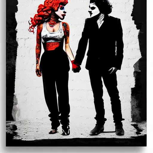Image similar to mimmo rottela and banksy as joaquin phoenix skinny joker holding hand lady gaga harley queen, ultra photorealistic, intricate details, pop art style, concept art, 3 colors, 4 d, smooth, sharp focus