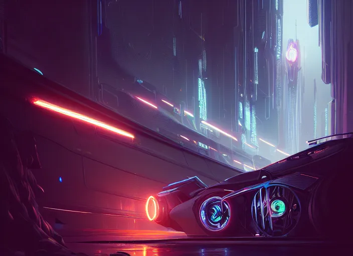 Prompt: detailed intricate digital illustration by greg rutkowski and artgerm and wlop and sanford robinson gifford ; cyberpunk futuristic vehicle, glowing headlights ; 1 3 mm film, wide angle arri alfa anamorphic lens ; sharp focus, soft evening lighting, trending on artstation 4 k